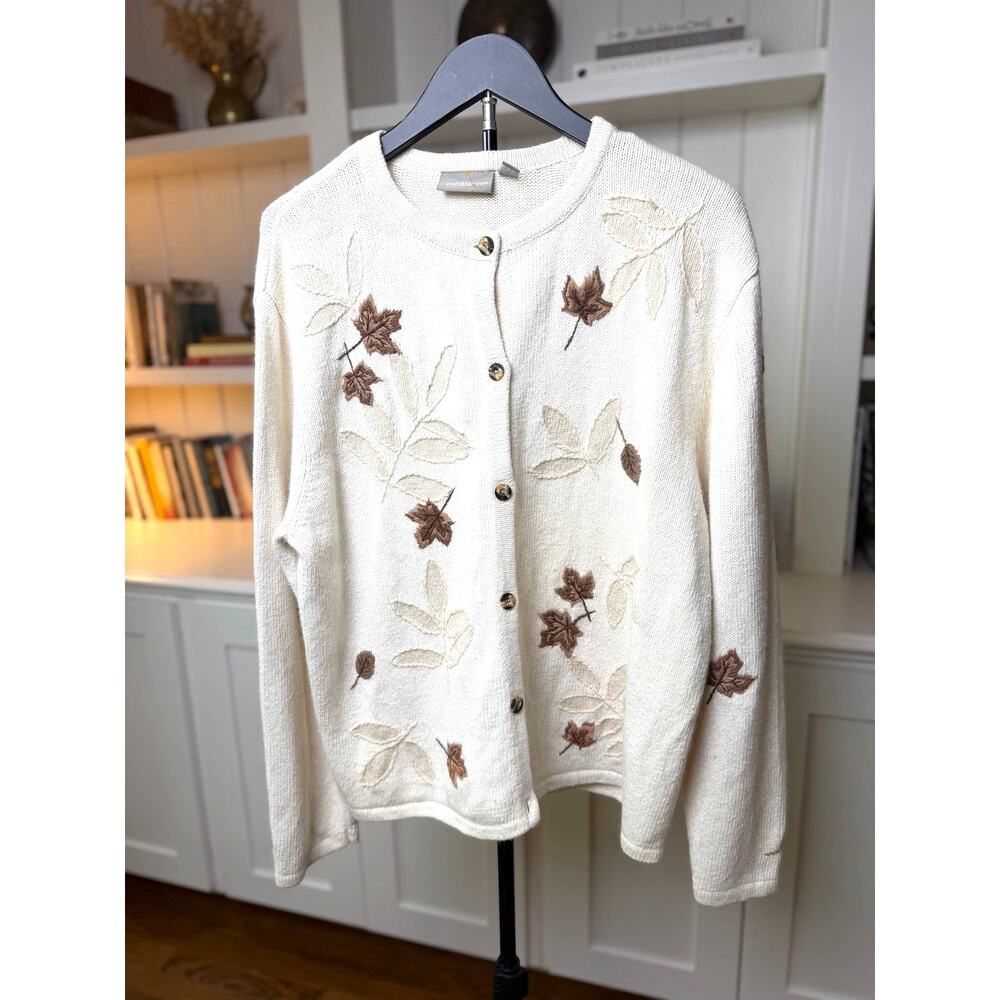 🍂 Croft & Barrow Embroidered Leaf Cardigan | Size XL | Ivory